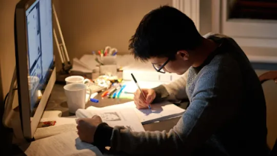Chico estudiando con pantalla de ordenador