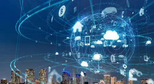 Ciudad conectada mediante una red de dispositivos y servicios digitales